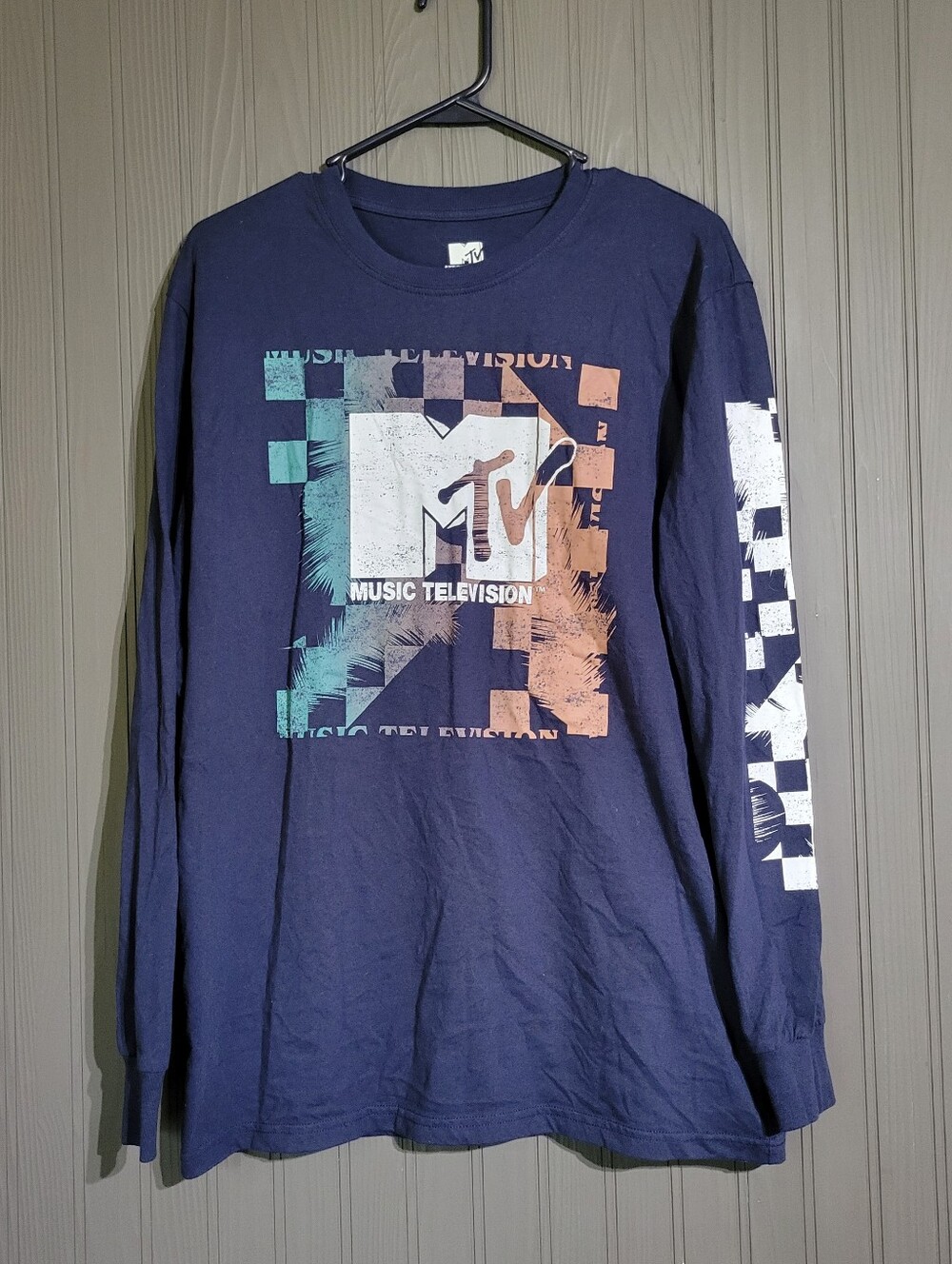 MTV Music Television Long Sleeve Graphic T-Shirt Checker Board Blue Men's Large